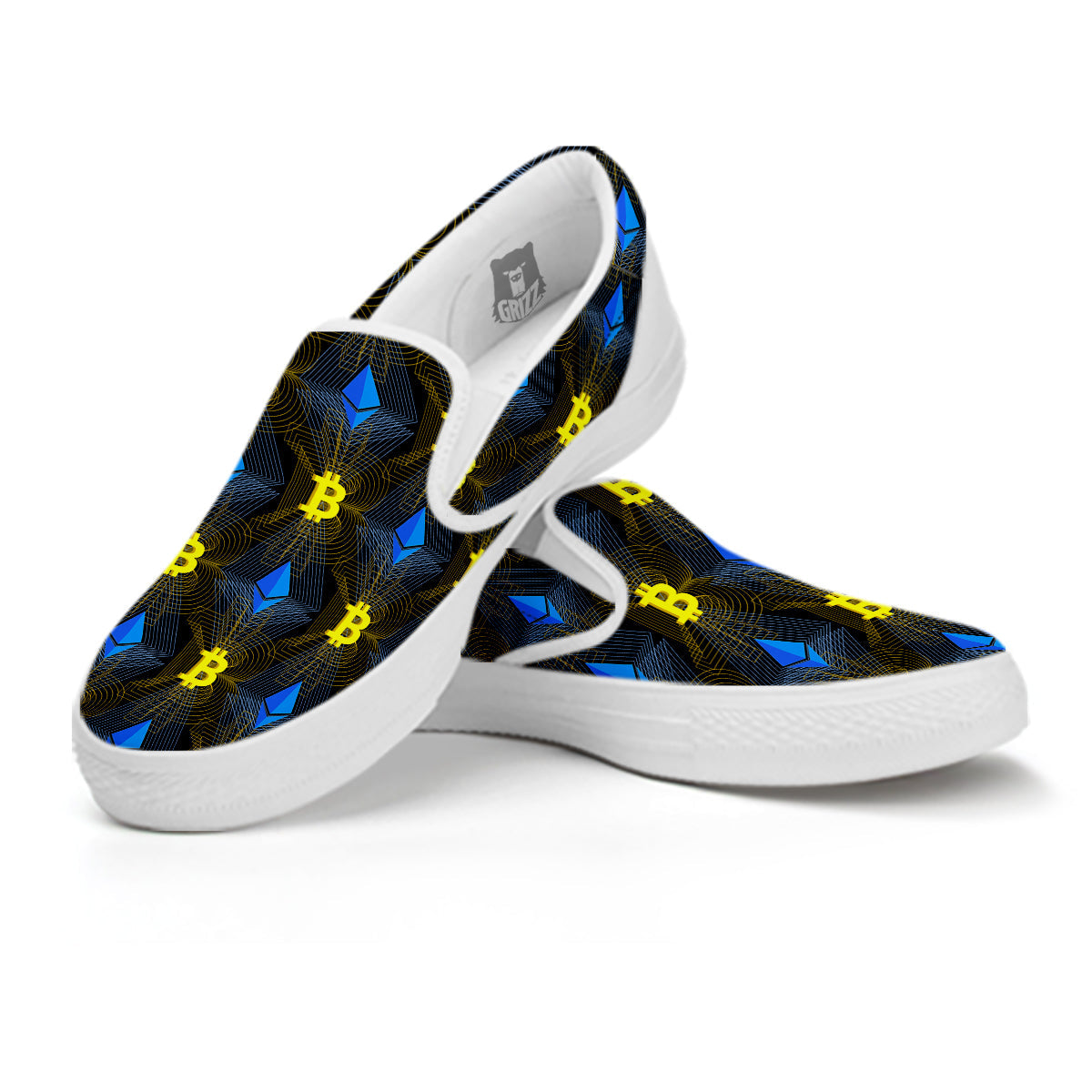 Ethereum And Bitcoin Print Pattern White Slip On Shoes-grizzshop