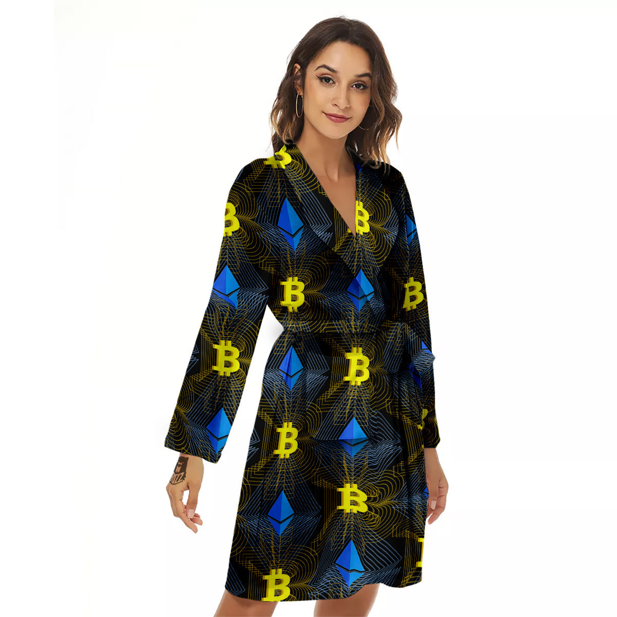 Ethereum And Bitcoin Print Pattern Women's Robe-grizzshop