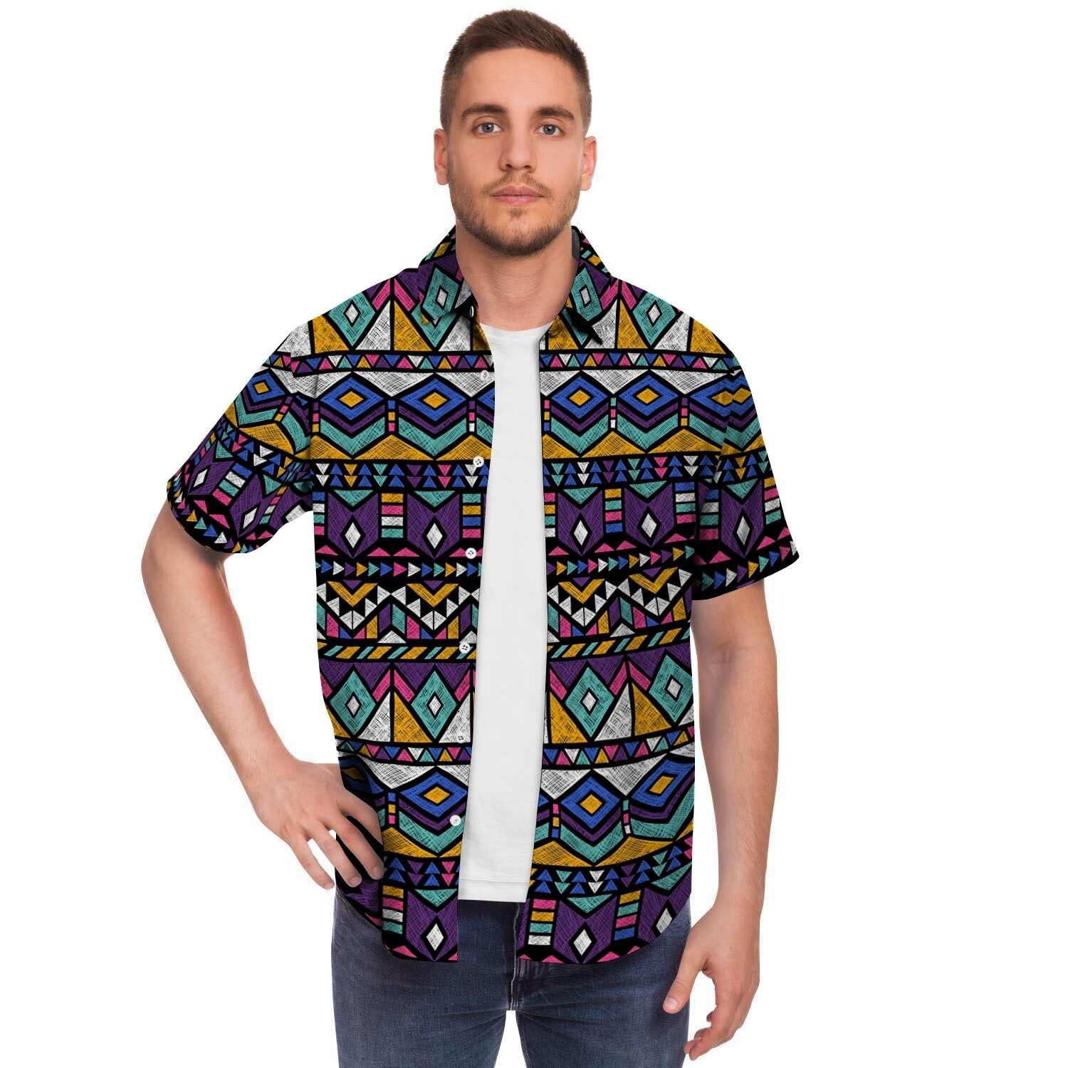 Ethic Aztec Geometric Art Print Men's Short Sleeve Shirt-grizzshop