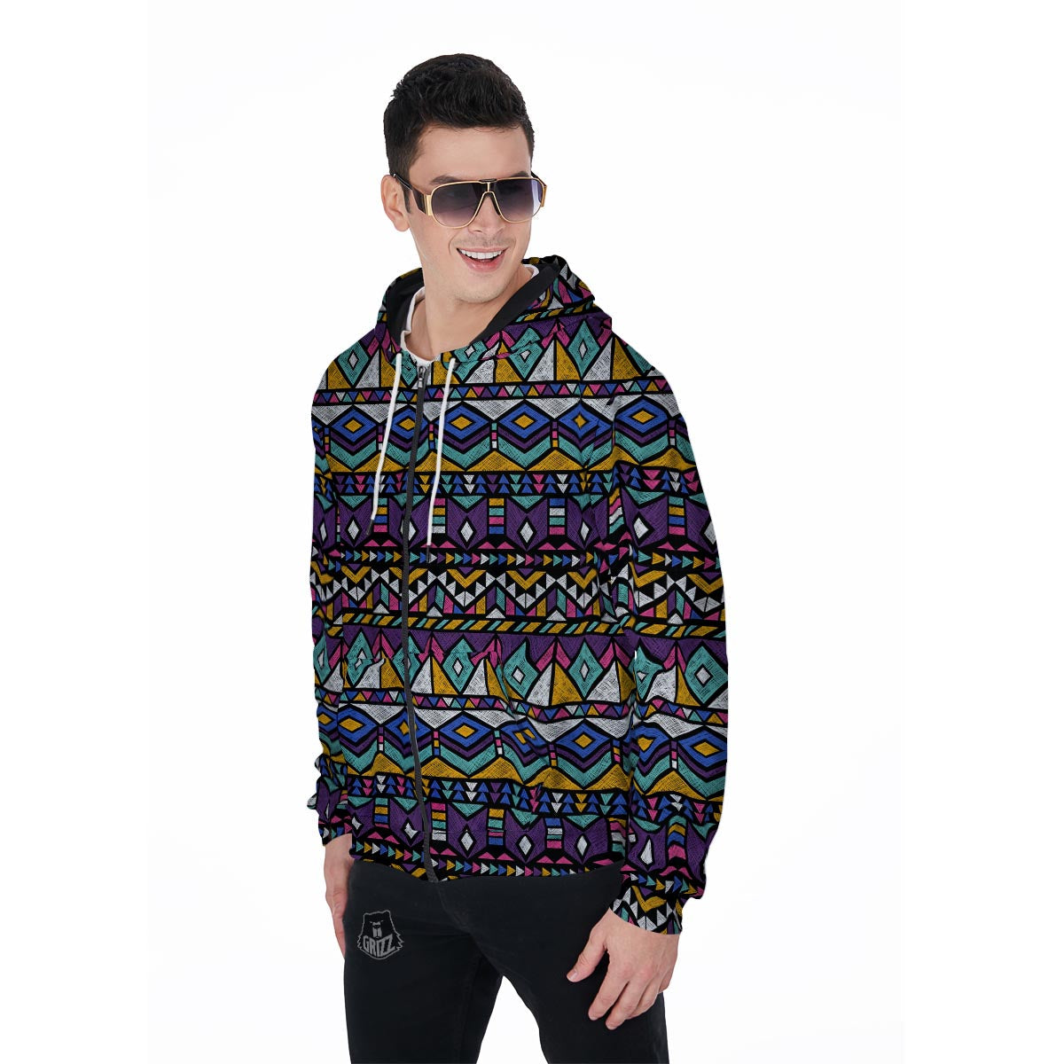 Ethic Aztec Geometric Art Print Men's Zip Up Hoodie-grizzshop