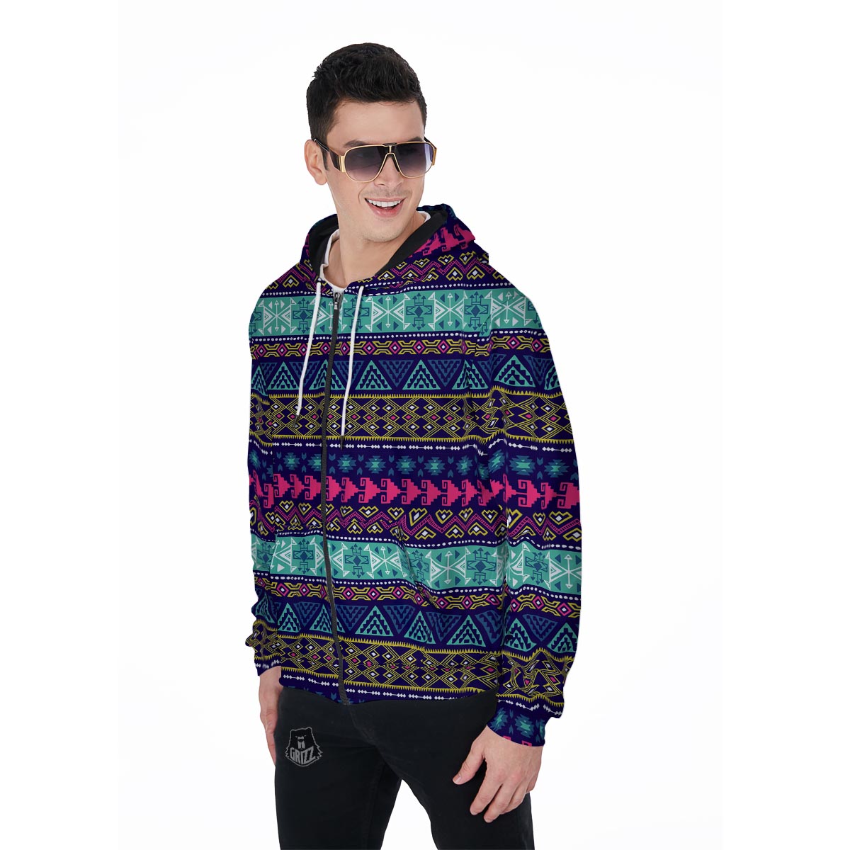 Ethic Aztec Print Men's Zip Up Hoodie-grizzshop
