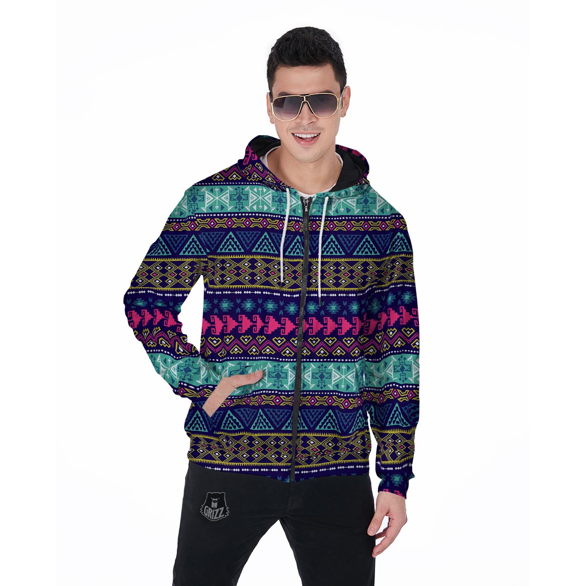 Ethic Aztec Print Men's Zip Up Hoodie-grizzshop