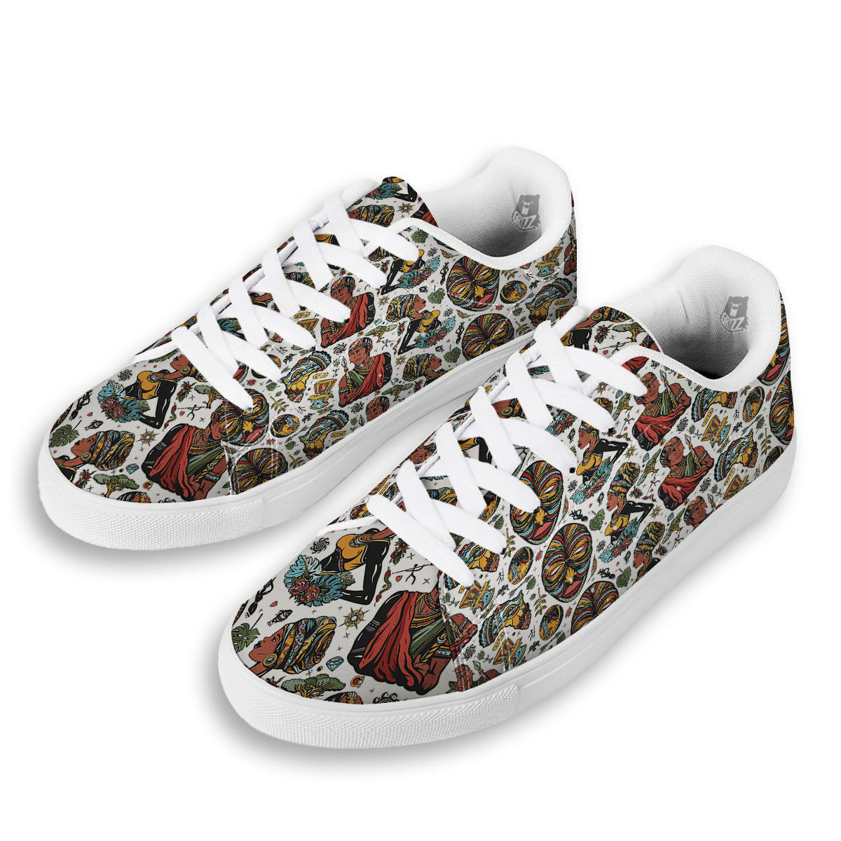 Ethnic Afro African Print Pattern White Low Top Sneakers-grizzshop