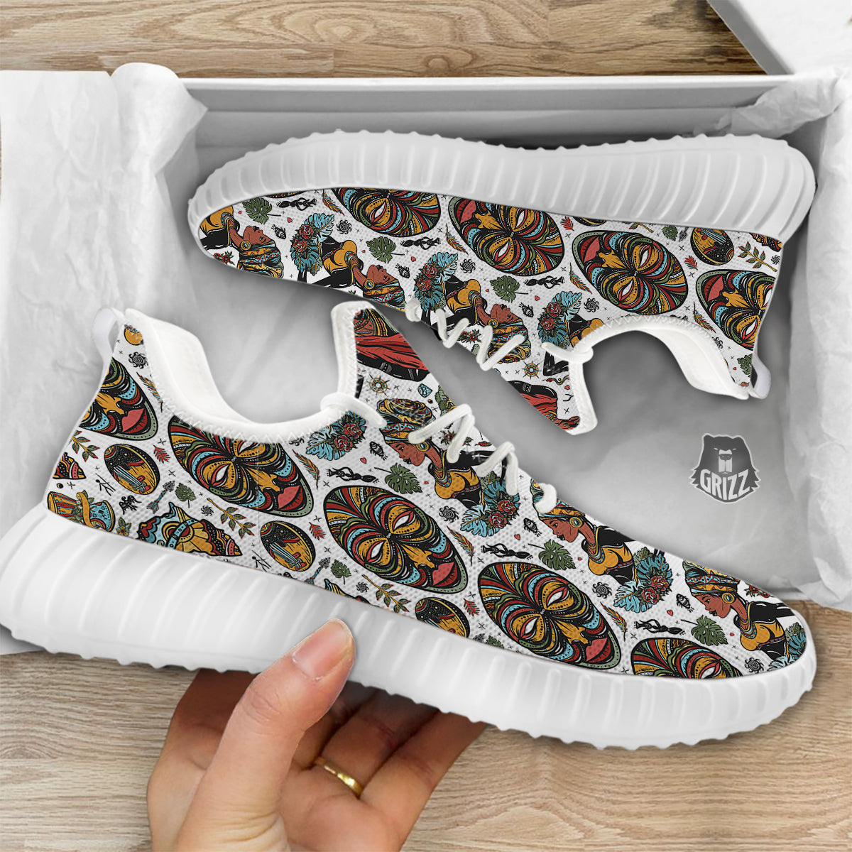 Ethnic Afro African Print Pattern White Walking Shoes-grizzshop
