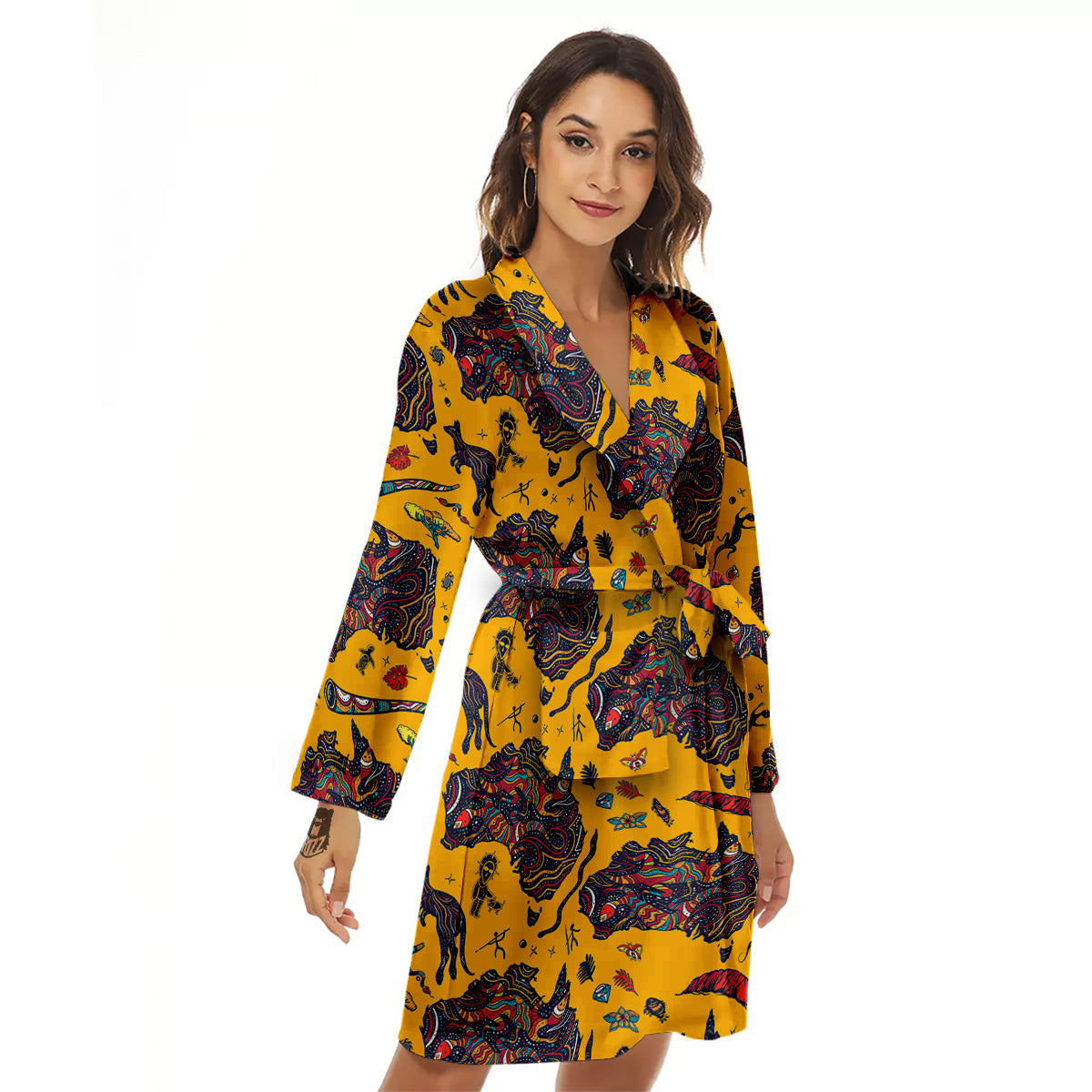Ethnic Australian Map Tattoo Print Pattern Women's Robe-grizzshop