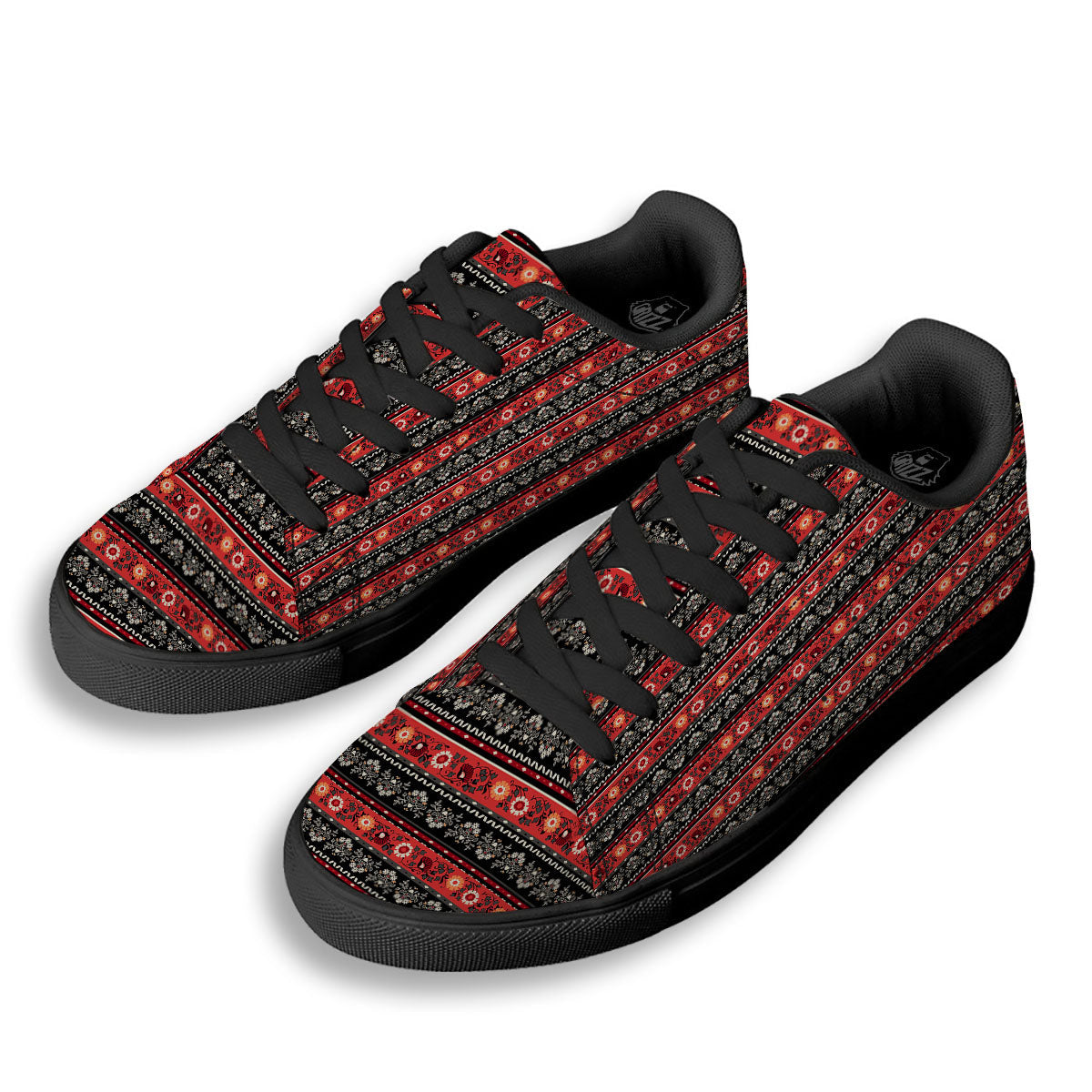 Ethnic Floral Print Pattern Black Low Top Sneakers-grizzshop