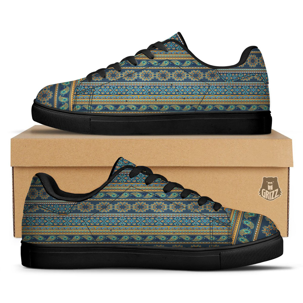 Ethnic Indian Print Pattern Black Low Top Sneakers-grizzshop