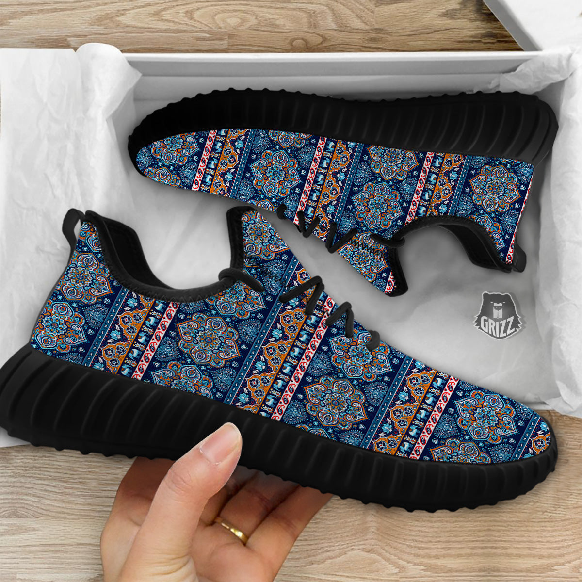 Ethnic Mandala Blue Print Pattern Black Walking Shoes-grizzshop
