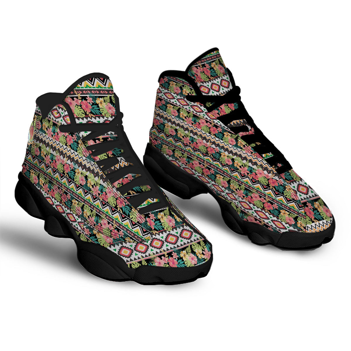 Ethnic Mix Tropical Flower Print Pattern Black Basketball Shoes-grizzshop