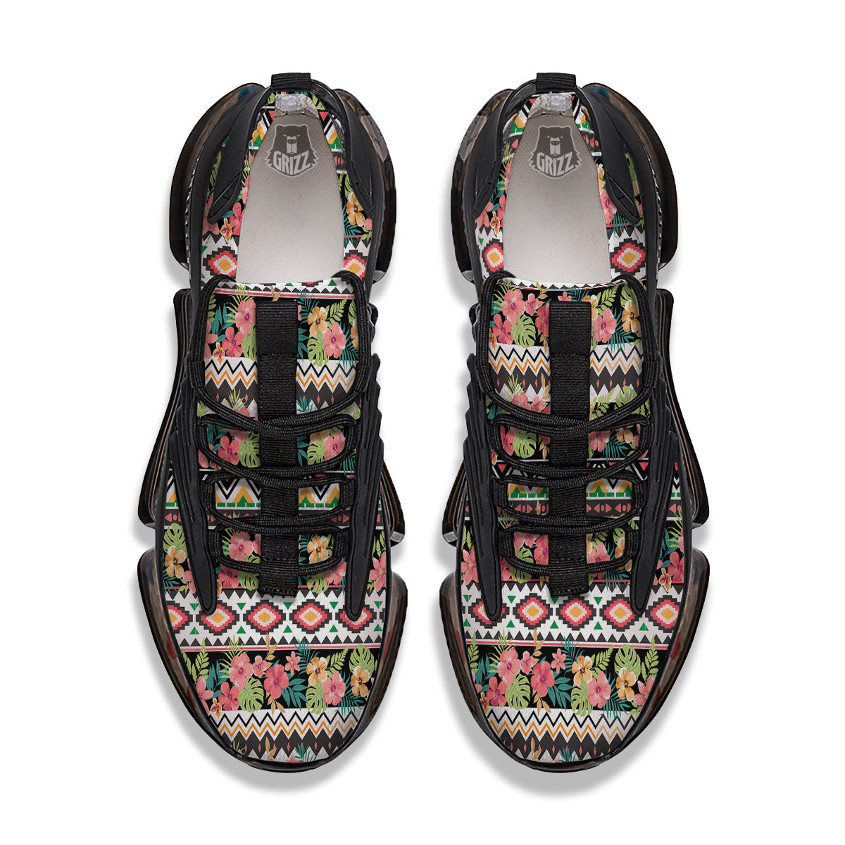 Ethnic Mix Tropical Flower Print Pattern Black Gym Shoes-grizzshop