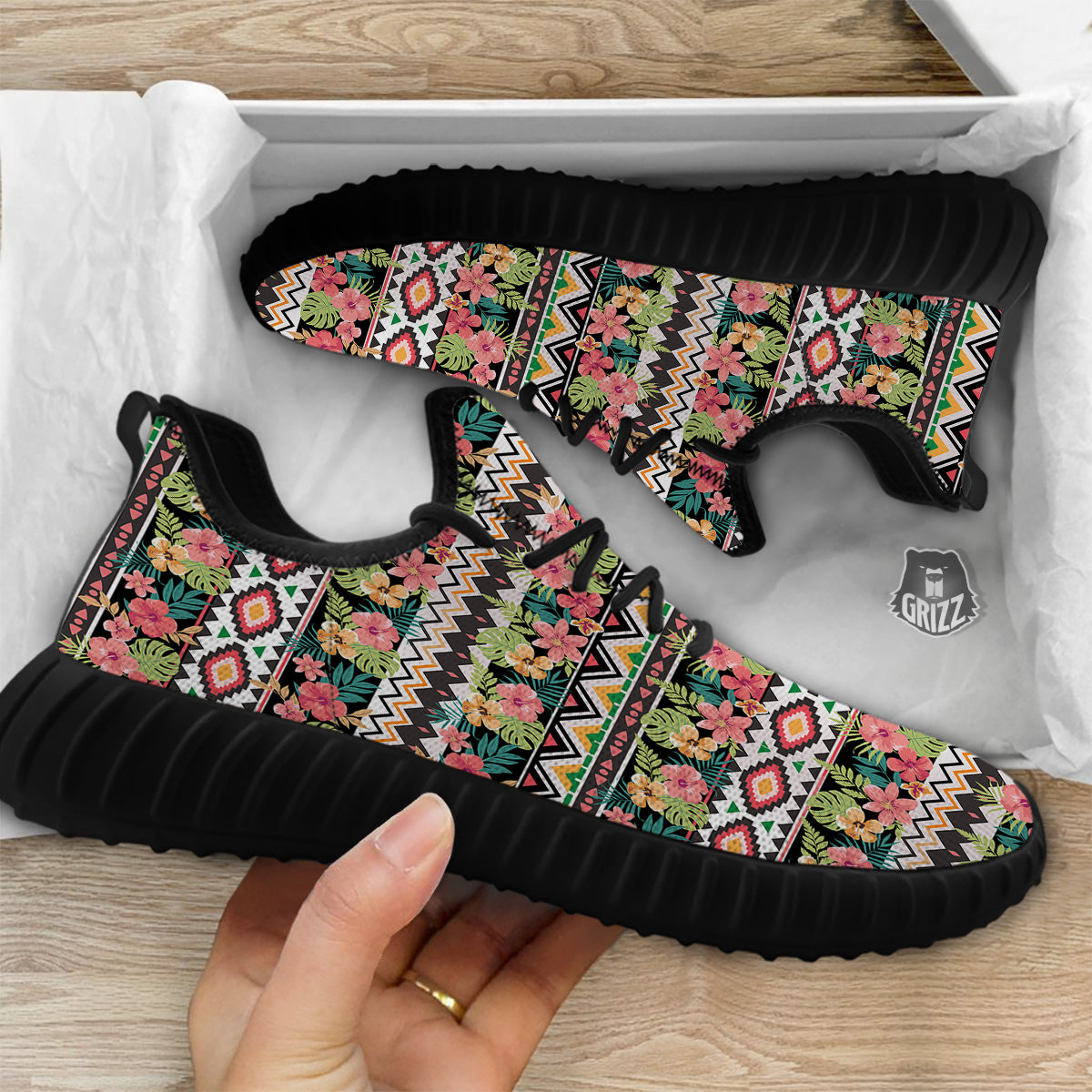 Ethnic Mix Tropical Flower Print Pattern Black Walking Shoes-grizzshop