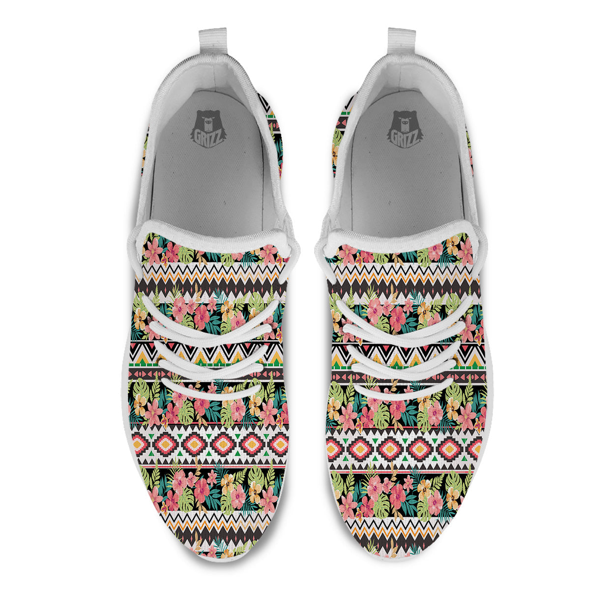 Ethnic Mix Tropical Flower Print Pattern White Athletic Shoes-grizzshop