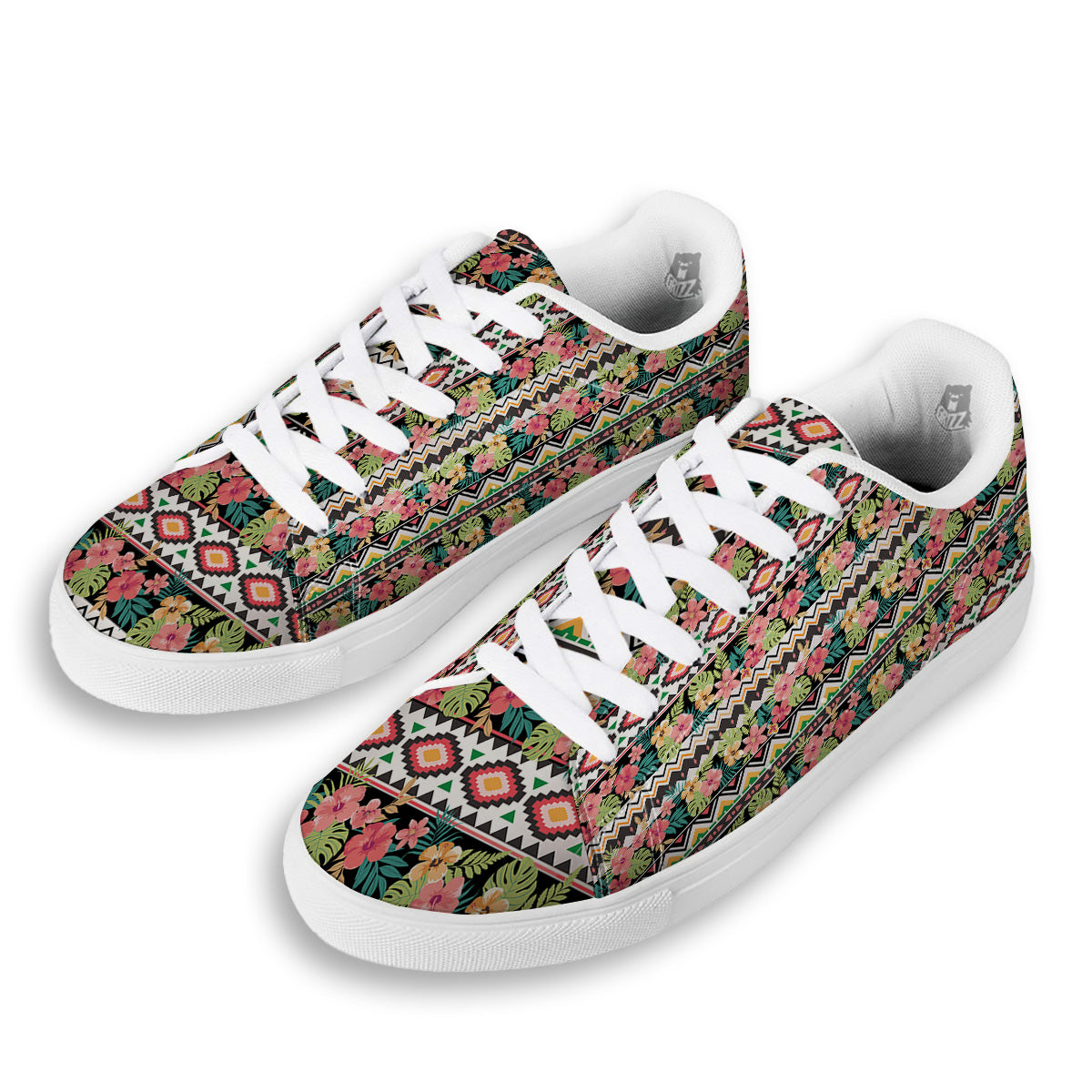 Ethnic Mix Tropical Flower Print Pattern White Low Top Sneakers-grizzshop