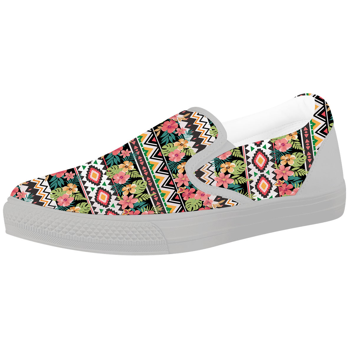 Ethnic Mix Tropical Flower Print Pattern White Slip On Shoes-grizzshop