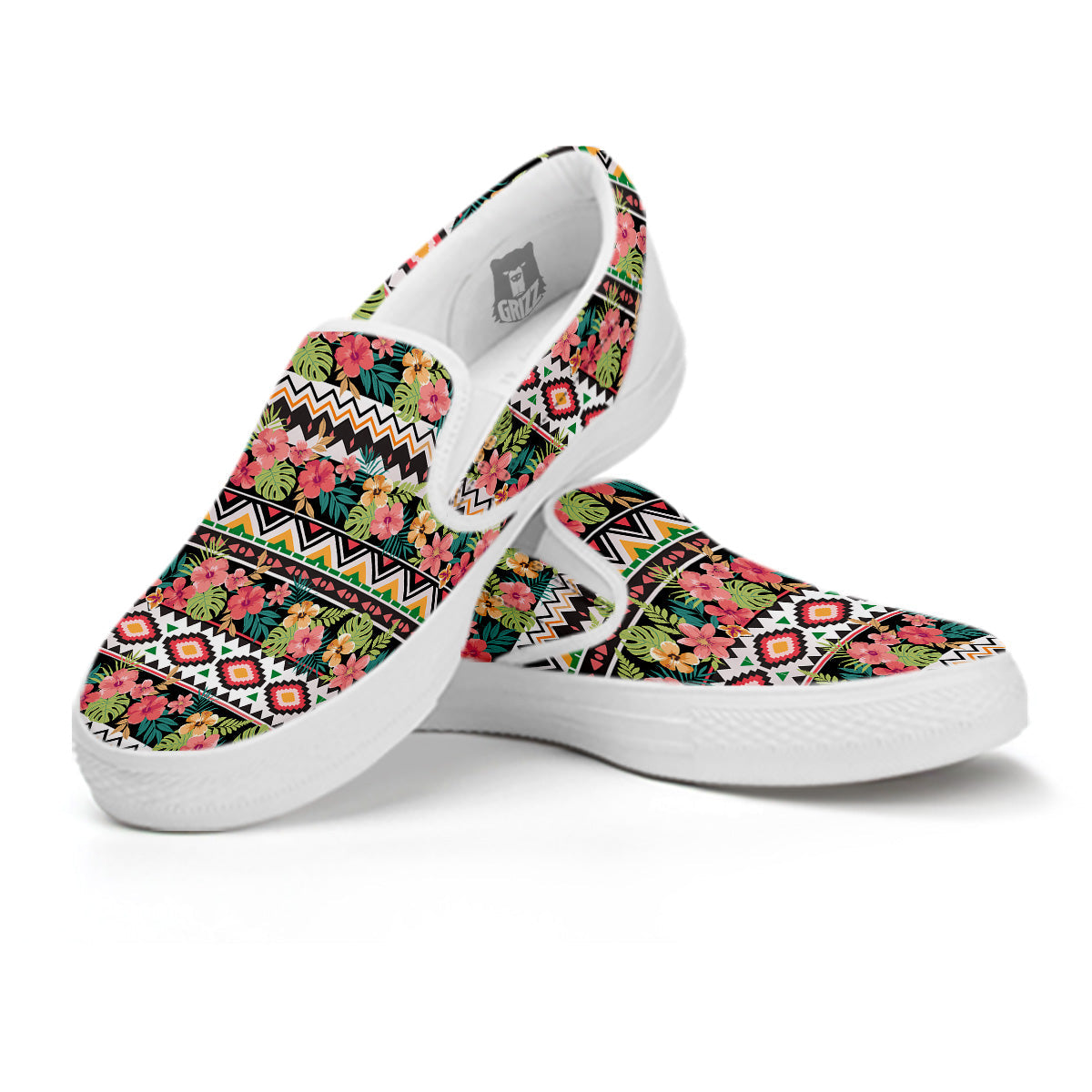 Ethnic Mix Tropical Flower Print Pattern White Slip On Shoes-grizzshop