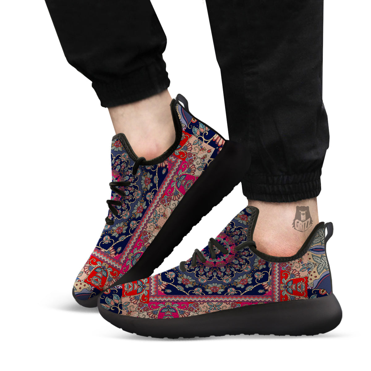 Ethnic Patchwork Square Print Black Athletic Shoes-grizzshop
