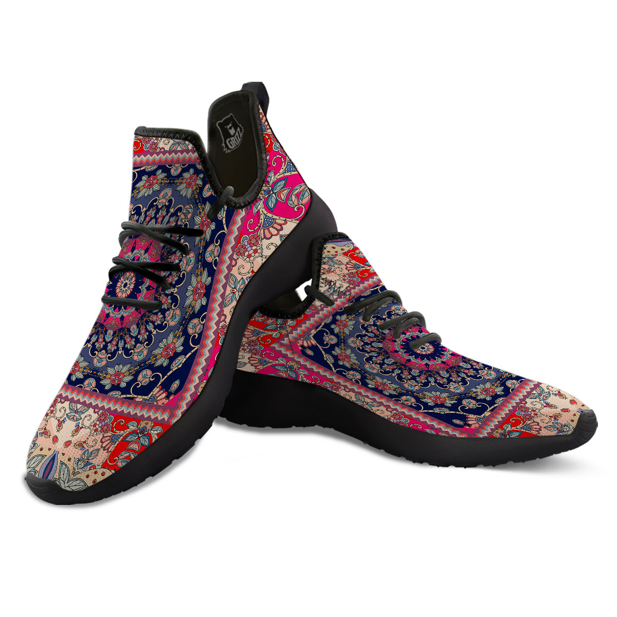 Ethnic Patchwork Square Print Black Athletic Shoes-grizzshop
