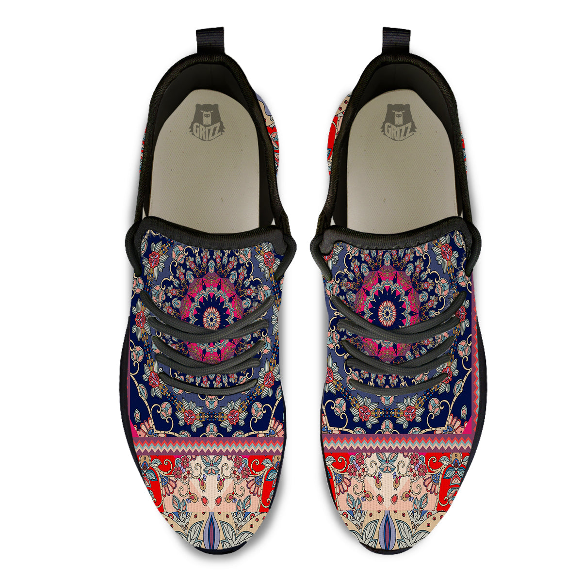 Ethnic Patchwork Square Print Black Athletic Shoes-grizzshop