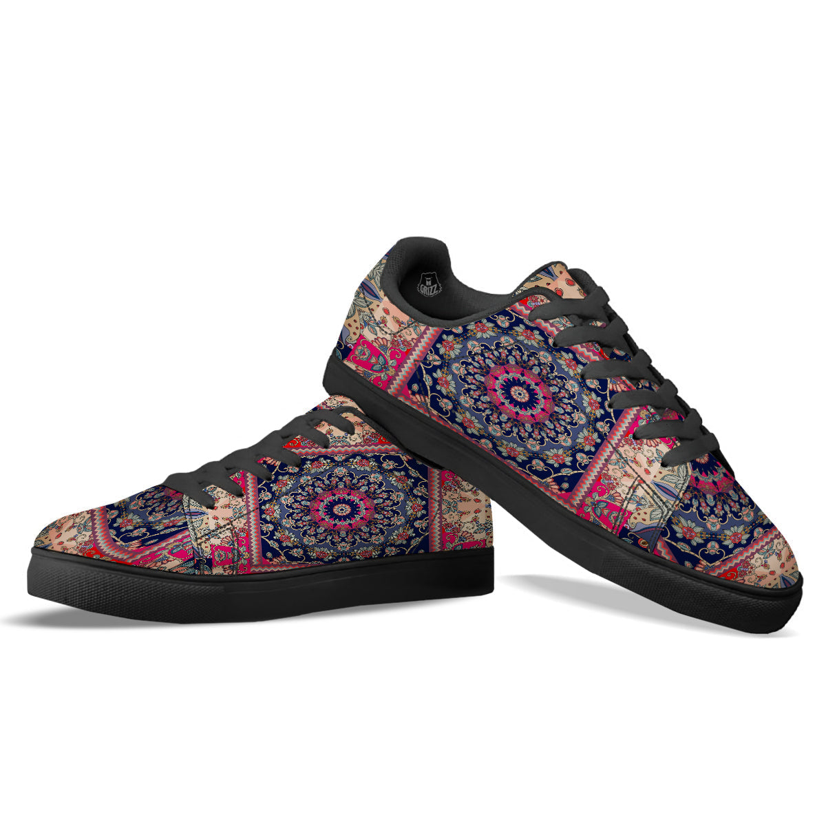 Ethnic Patchwork Square Print Black Low Top Sneakers-grizzshop