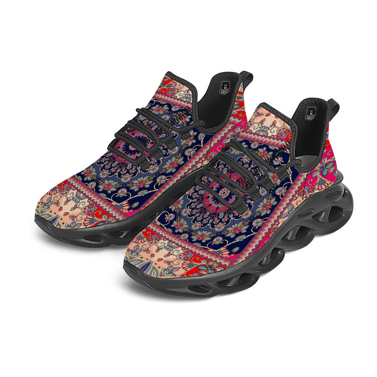 Ethnic Patchwork Square Print Black Running Shoes-grizzshop