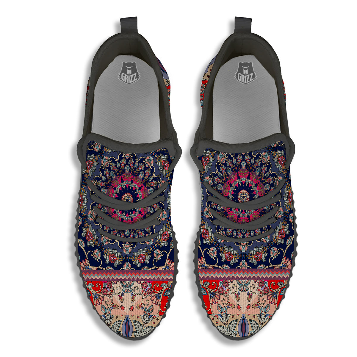 Ethnic Patchwork Square Print Black Walking Shoes-grizzshop