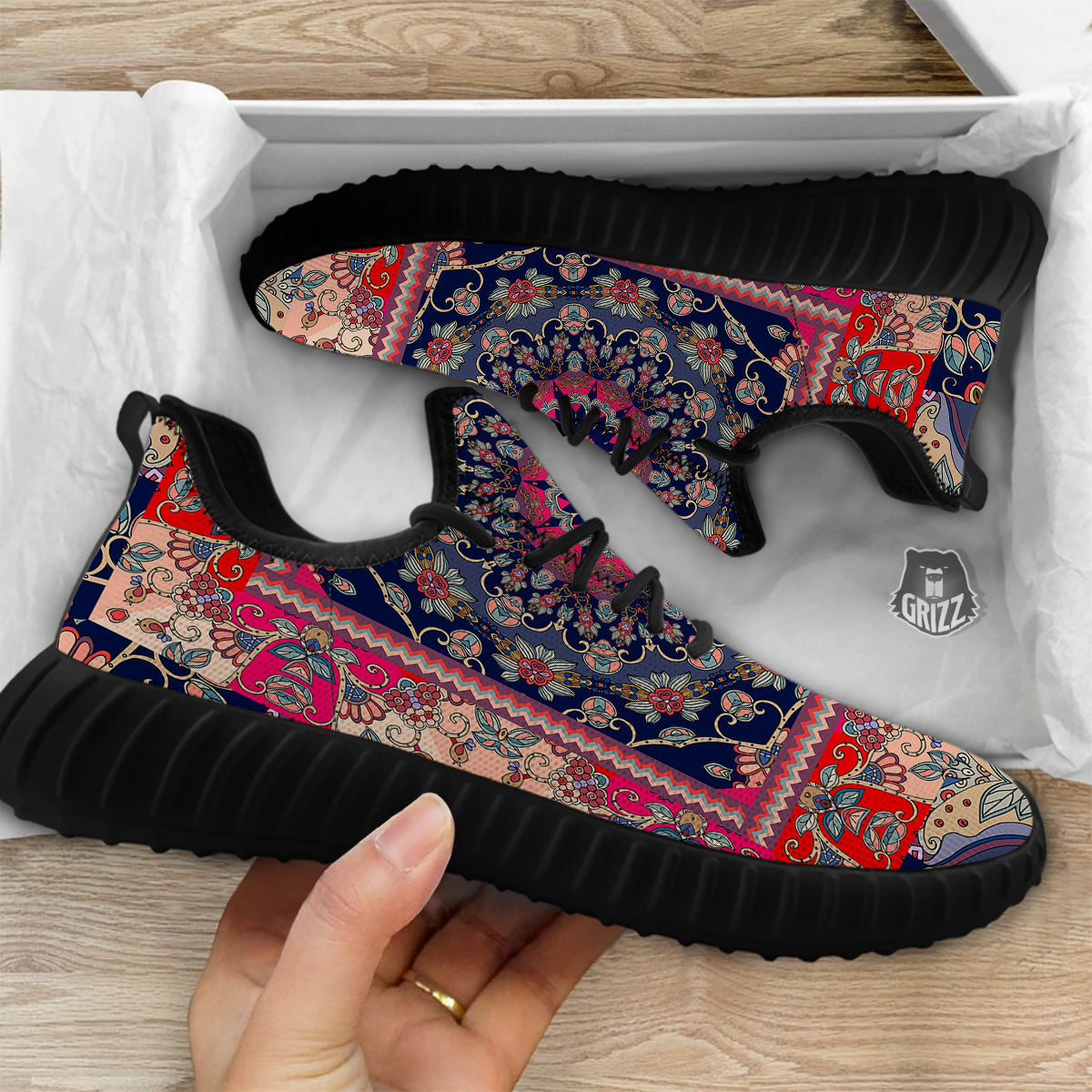 Ethnic Patchwork Square Print Black Walking Shoes-grizzshop