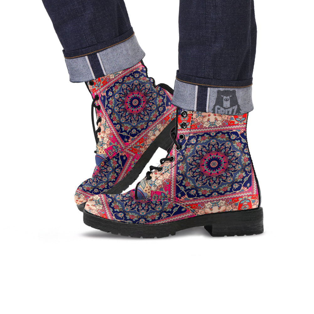 Ethnic Patchwork Square Print Leather Boots-grizzshop