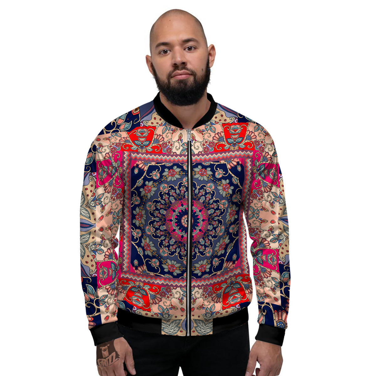 Ethnic Patchwork Square Print Men's Bomber Jacket-grizzshop