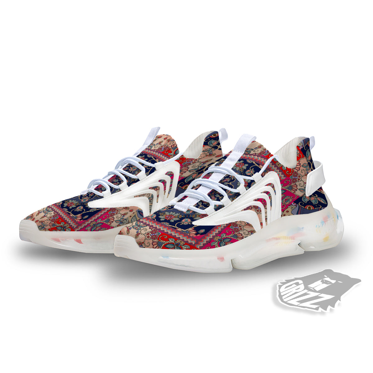 Ethnic Patchwork Square Print White Gym Shoes-grizzshop