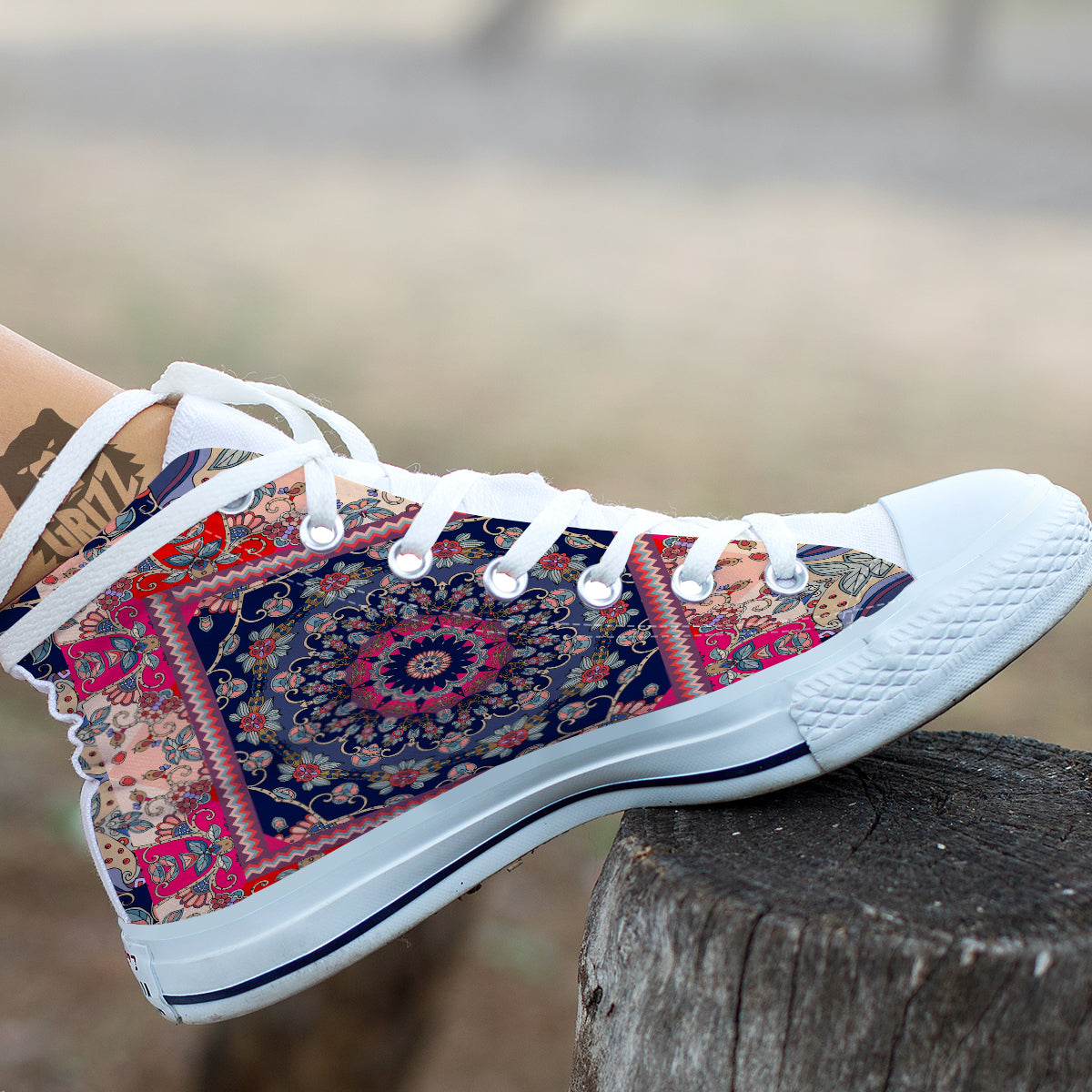Ethnic Patchwork Square Print White High Top Shoes-grizzshop