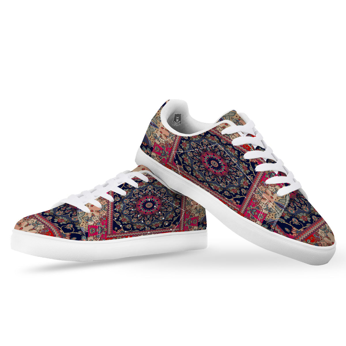 Ethnic Patchwork Square Print White Low Top Sneakers-grizzshop