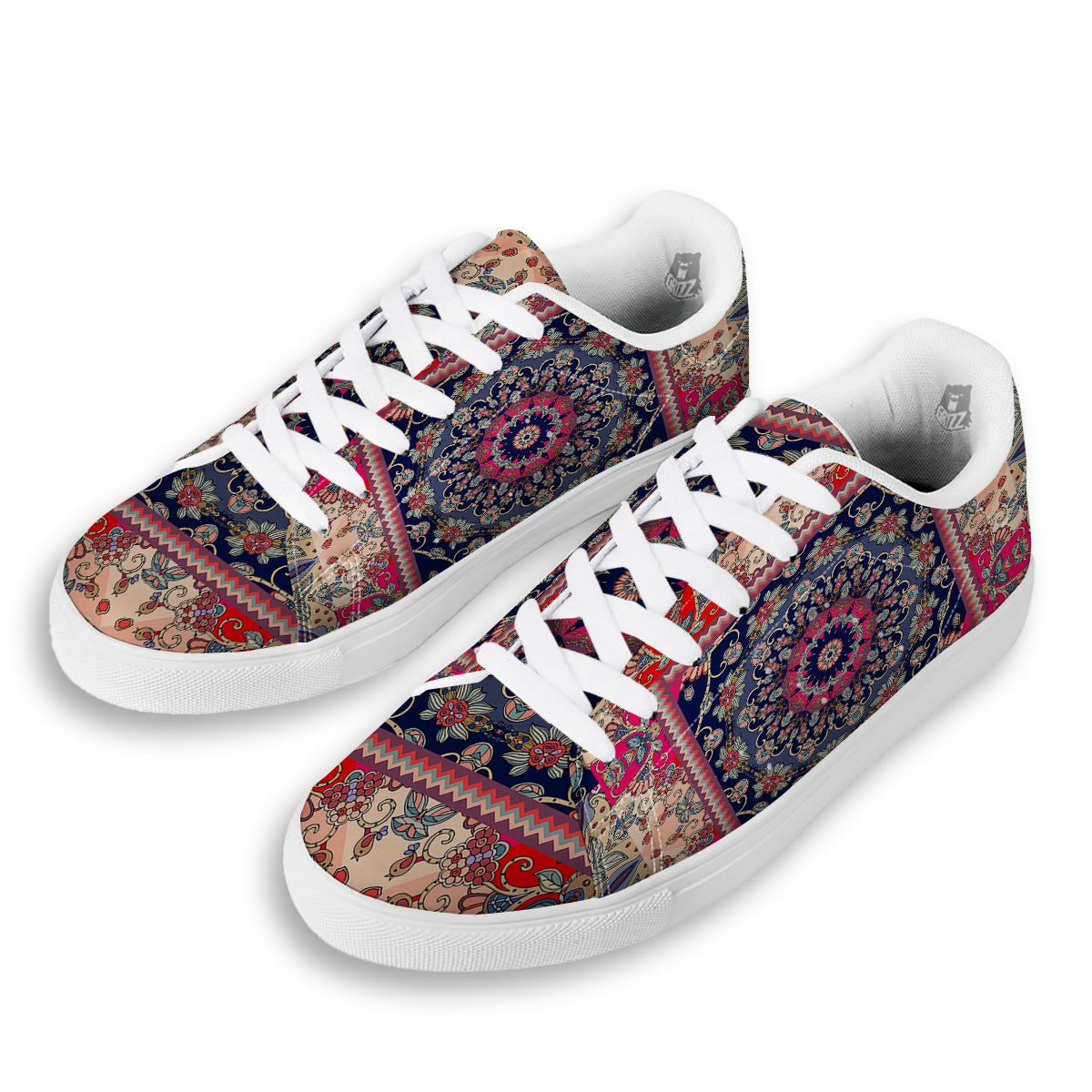 Ethnic Patchwork Square Print White Low Top Sneakers-grizzshop