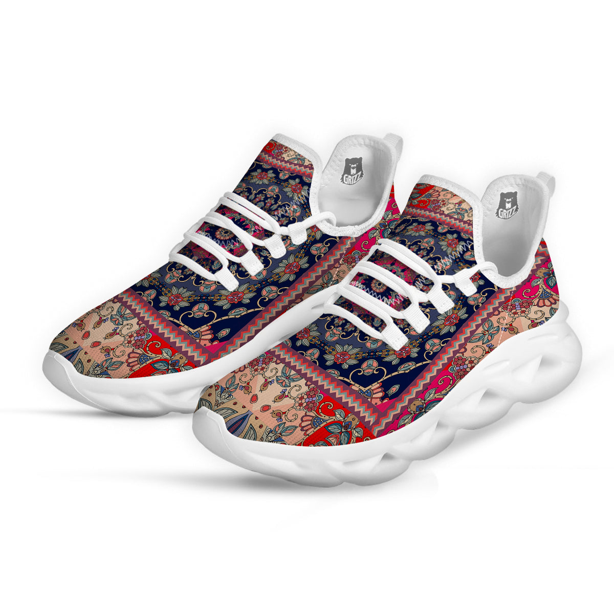 Ethnic Patchwork Square Print White Running Shoes-grizzshop
