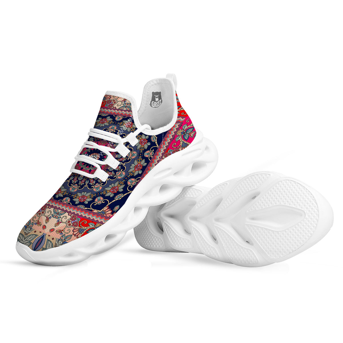 Ethnic Patchwork Square Print White Running Shoes-grizzshop