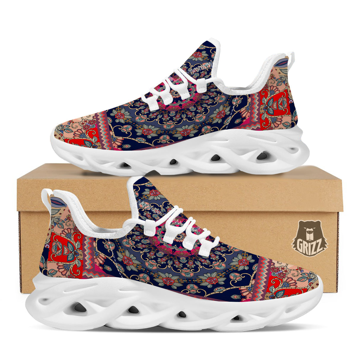 Ethnic Patchwork Square Print White Running Shoes-grizzshop