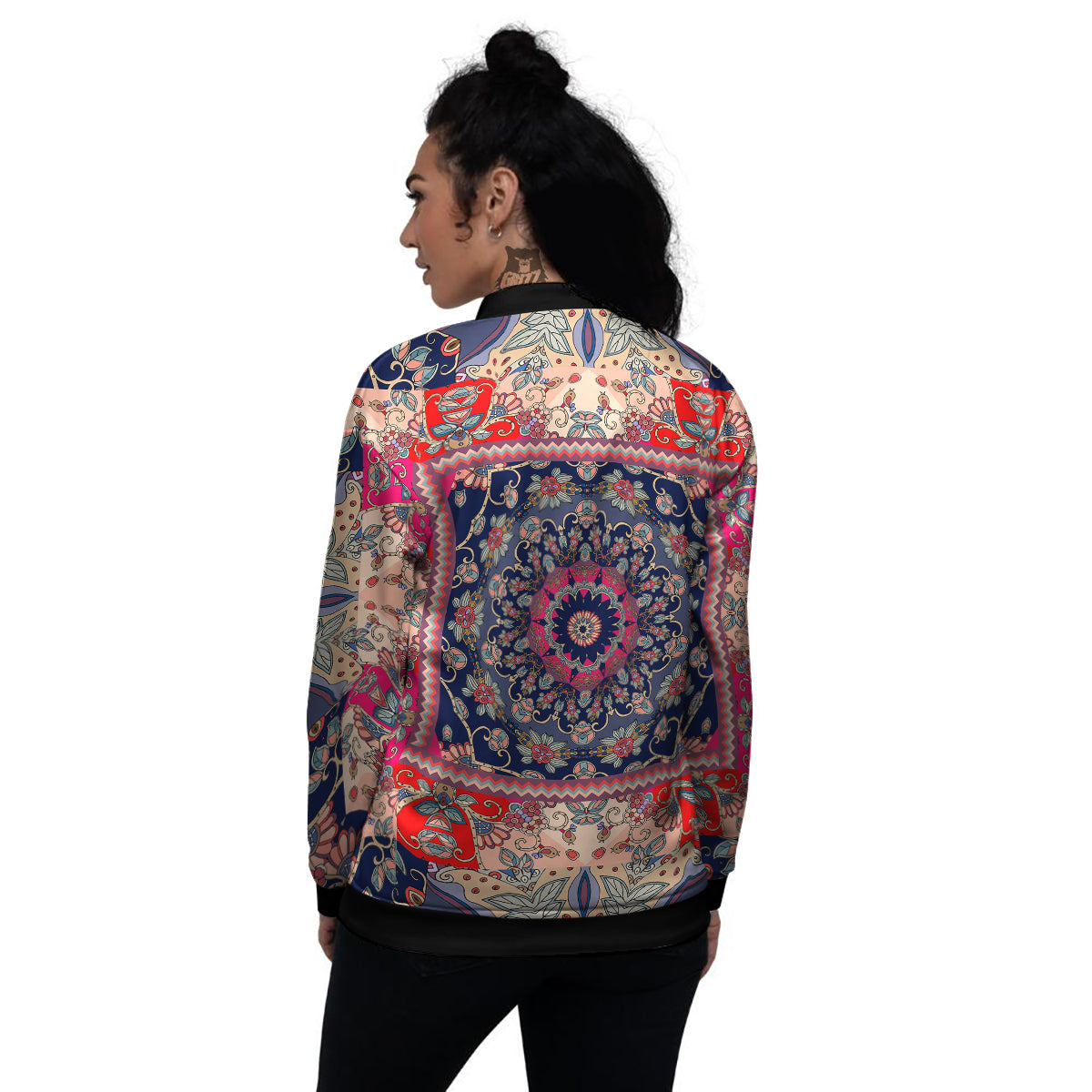 Ethnic Patchwork Square Print Women's Bomber Jacket-grizzshop