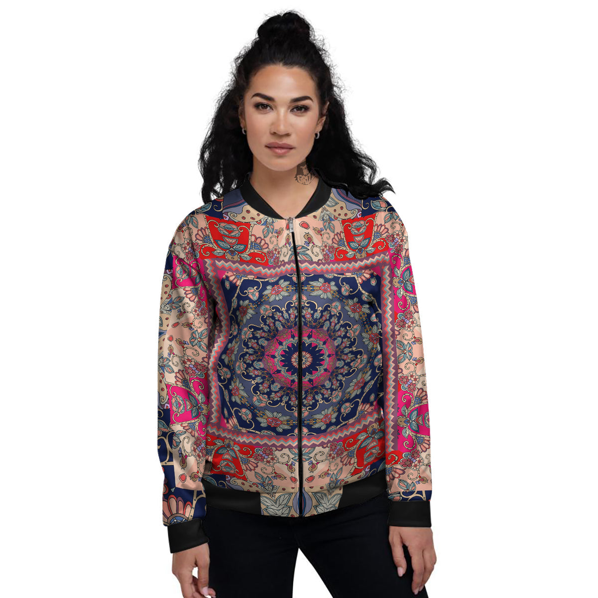 Ethnic Patchwork Square Print Women's Bomber Jacket-grizzshop