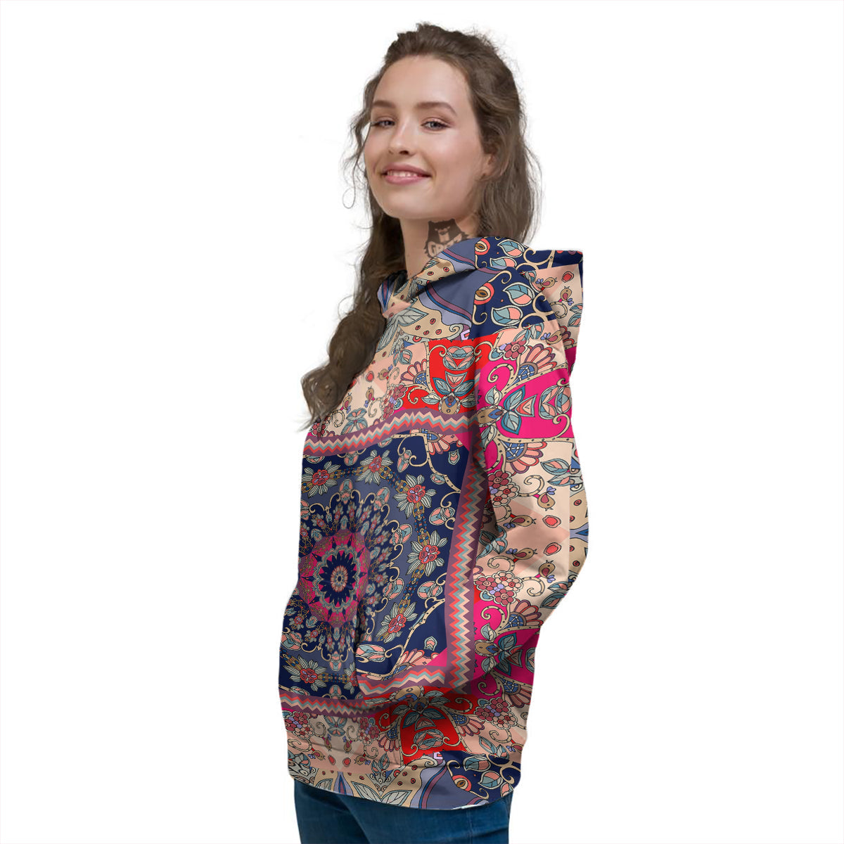 Ethnic Patchwork Square Print Women's Hoodie-grizzshop