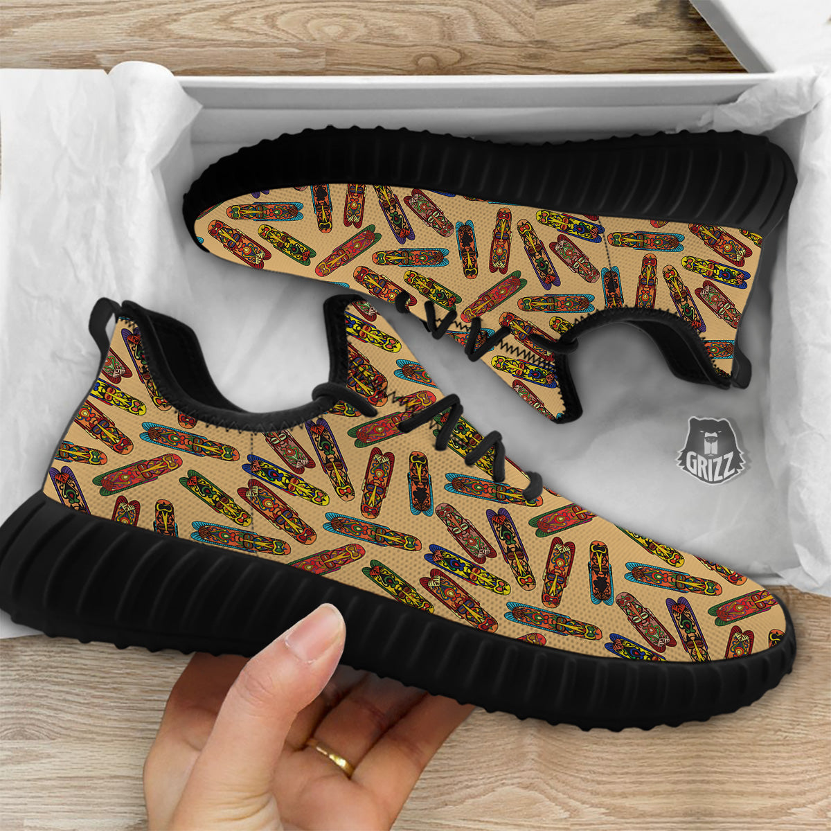 Ethnic Tribal Vintage Style African Mask Print Pattern Black Walking Shoes-grizzshop