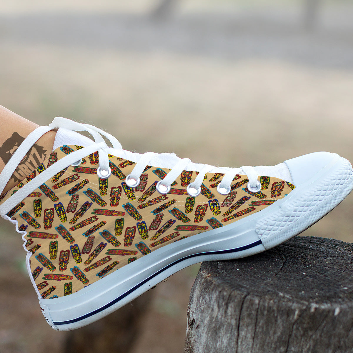 Ethnic Tribal Vintage Style African Mask Print Pattern White High Top Shoes-grizzshop