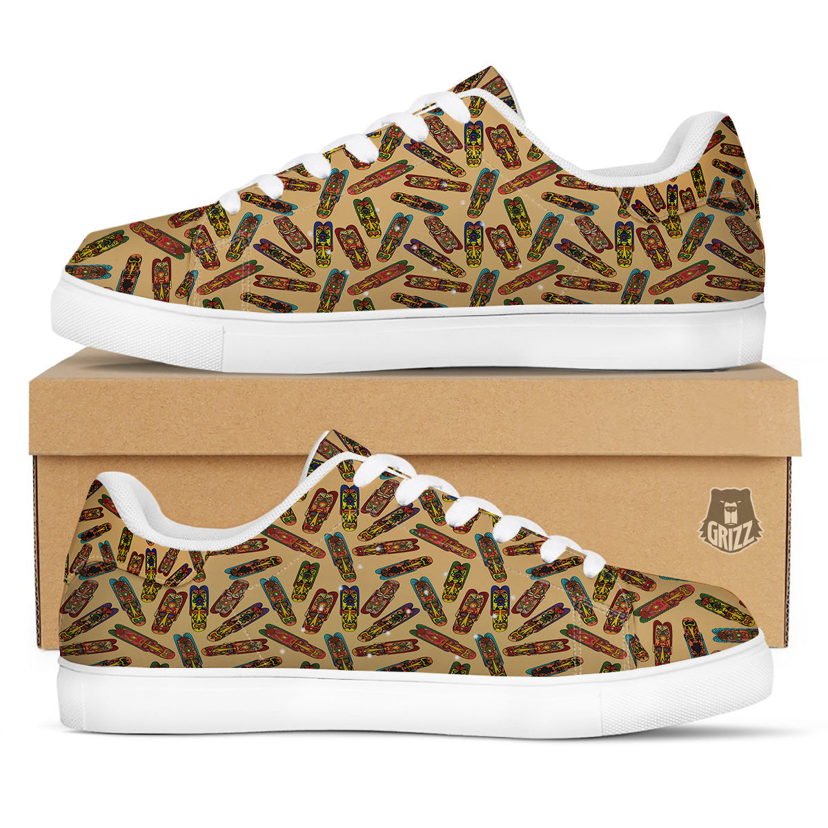 Ethnic Tribal Vintage Style African Mask Print Pattern White Low Top Sneakers-grizzshop