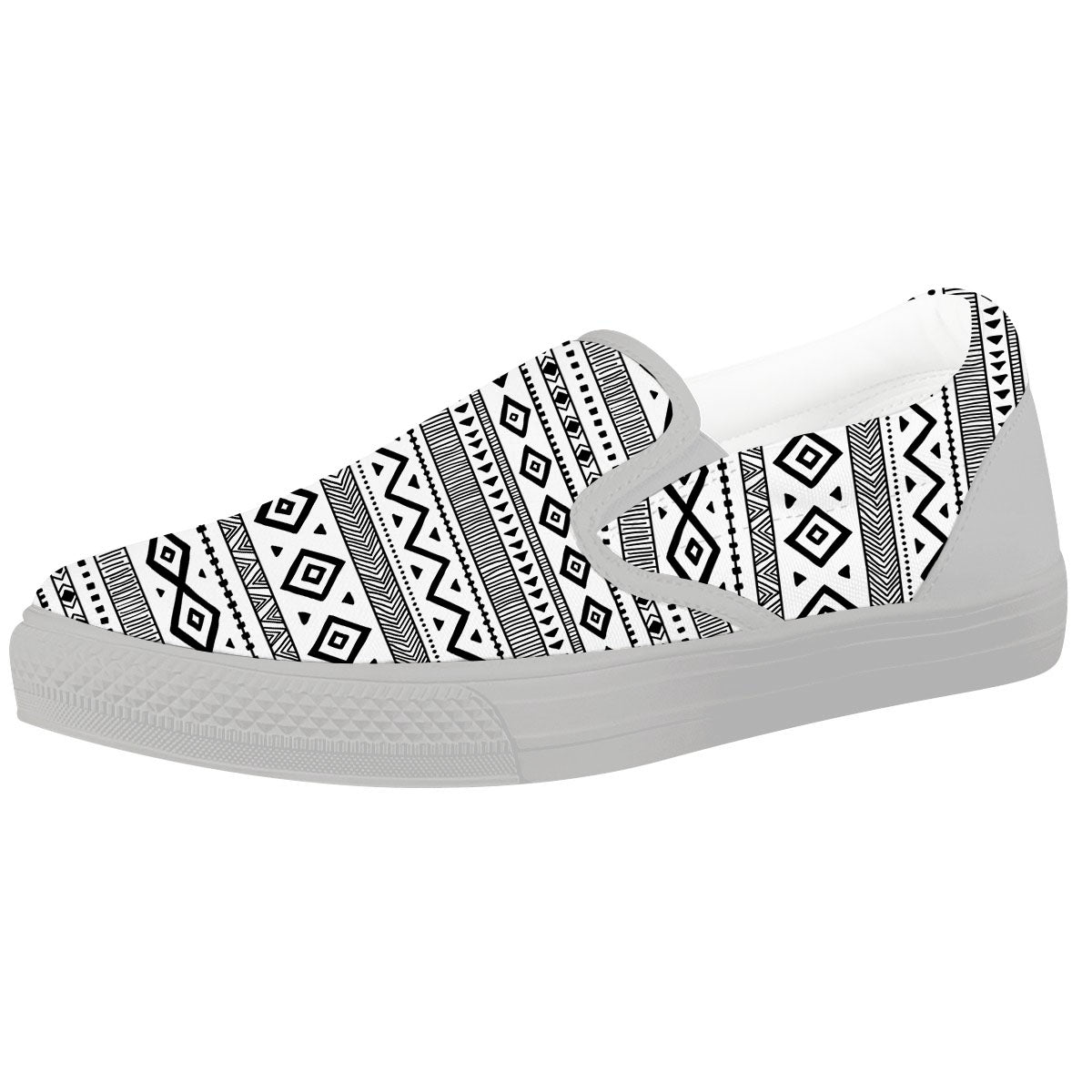 Ethnic White And Black Print Pattern White Slip On Shoes-grizzshop