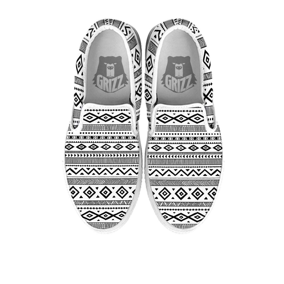Ethnic White And Black Print Pattern White Slip On Shoes-grizzshop