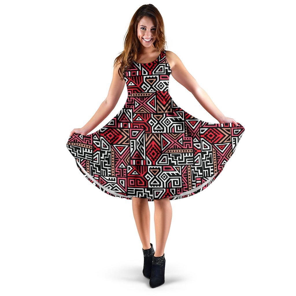 Ethnic Red Print Pattern Dress-grizzshop