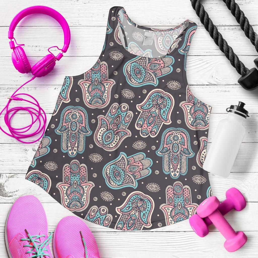 Evil Eye Hamsa Pattern Print Racerback Tank Tops-grizzshop