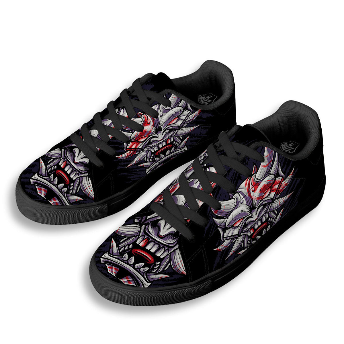 Evil Samurai Mask Print Black Low Top Sneakers-grizzshop