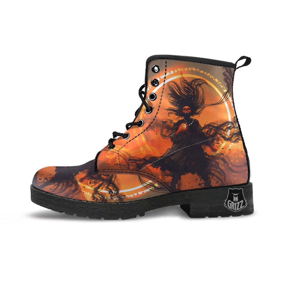 Evil Witch Print Leather Boots-grizzshop