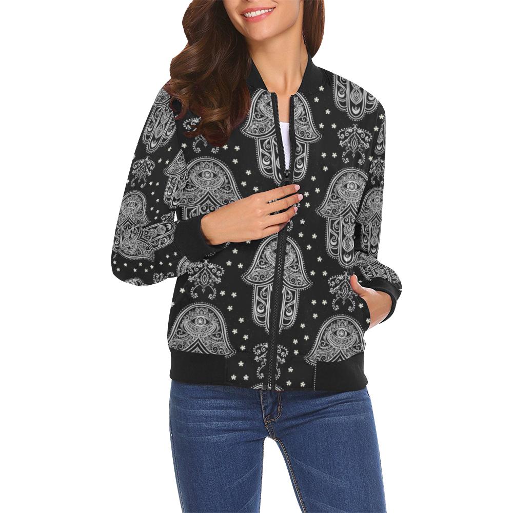 Evil Eye Hamsa Pattern Print Women Casual Bomber Jacket-grizzshop