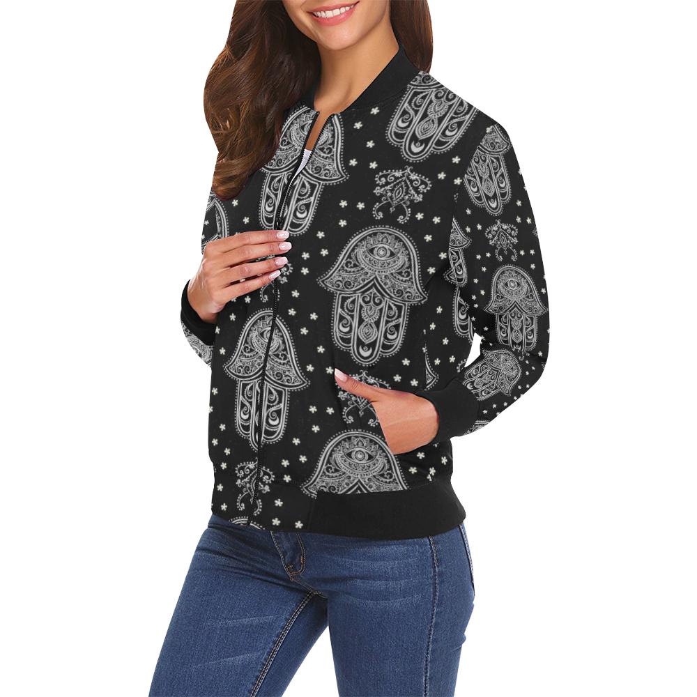 Evil Eye Hamsa Pattern Print Women Casual Bomber Jacket-grizzshop