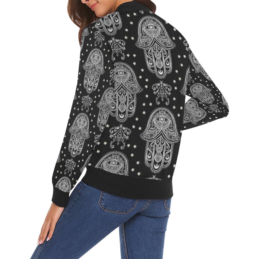 Evil Eye Hamsa Pattern Print Women Casual Bomber Jacket-grizzshop